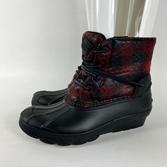 Sperry wedge duck boots women’s 6.5 black red Buffalo check fall slip on secret - Picture 5 of 11